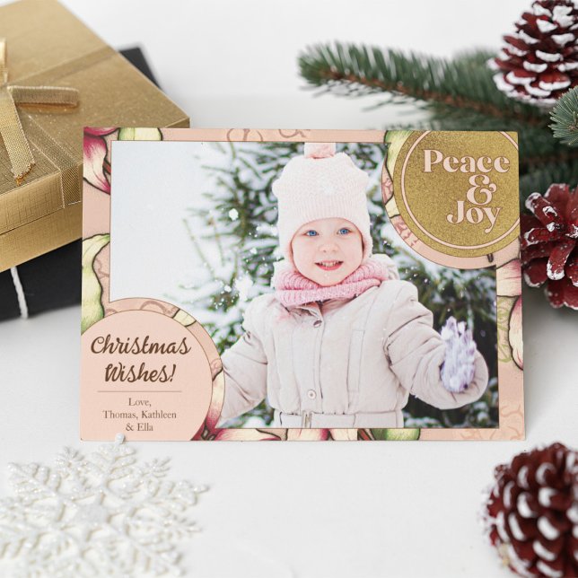 Cartão De Festividades Paz e Joy, rosa, Foto de Poinsettia Dourada (Peace & Joy, Pink, Gold Poinsettia Photo Holiday Card)