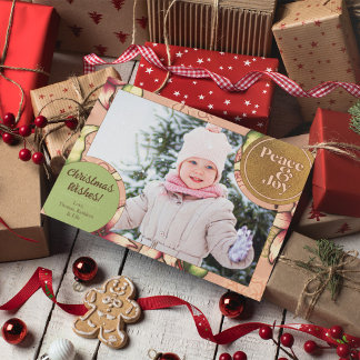 Cartão De Festividades Paz e Joy, Rosa, Verde, Foto de Poinsettia Dourada