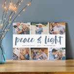 Cartão De Festividades Paz e Luz | Colagem de Fotos de Hanukkah<br><div class="desc">Compartilhe seis fotos favoritas com o nosso cartão festivo e brilhante de Natal do Chanucá. "Paz e Luz" aparece no centro em tipografia de pincel,  escrita à mão,  com seu cartões de natal,  nomes e o ano abaixo.</div>
