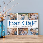 Cartão De Festividades Paz e Luz | Colagem de Fotos de Hanukkah<br><div class="desc">Compartilhe seis fotos favoritas com o nosso cartão festivo e brilhante de Natal do Chanucá. "Paz e Luz" aparece no centro em tipografia de pincel,  escrita à mão,  com seu cartões de natal,  nomes e o ano abaixo.</div>