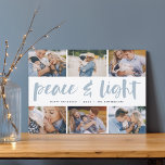 Cartão De Festividades Paz e Luz | Colagem de Fotos de Hanukkah<br><div class="desc">Compartilhe seis fotos favoritas com o nosso cartão festivo e brilhante de Natal do Chanucá. "Paz e Luz" aparece no centro em tipografia de pincel,  escrita à mão,  com seu cartões de natal,  nomes e o ano abaixo.</div>