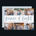 Cartão De Festividades Paz e Luz | Colagem de Fotos de Hanukkah<br><div class="desc">Compartilhe seis fotos favoritas com o nosso cartão festivo e brilhante de Natal do Chanucá. "Paz e Luz" aparece no centro em tipografia de pincel,  escrita à mão,  com seu cartões de natal,  nomes e o ano abaixo.</div>