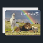 Cartão De Festividades Paz em Terra Lion Lamb Unicorn Rainbow<br><div class="desc">Esta design foi criada através da arte digital. Pode ser personalizada na área fornecida pela alteração da foto e/ou do texto. Ou pode ser personalizado escolhendo o clique para personalizar outra opção e excluir ou alterar a cor do plano de fundo, adicionar texto, alterar a cor ou o estilo do...</div>
