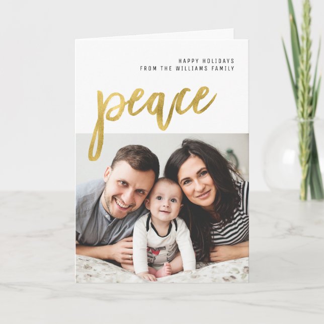 Cartão De Festividades Paz | Foto do feriado de caligrafia Dourada (Frente)