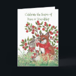 Cartão De Festividades Paz Fox Bunny Winter Friends Nature Christmas<br><div class="desc">"Celebrar a Estação da Paz e Amizade" lê a frente deste cartão, com um kit de coelhos e raposa que desfruta de uma cena de inverno com bagas vermelhas e folhagem verde. Eles estão vestindo lenços quentes para sugerir a temporada de férias. A dentro do cartão diz, "Podemos ser GENTIS...</div>