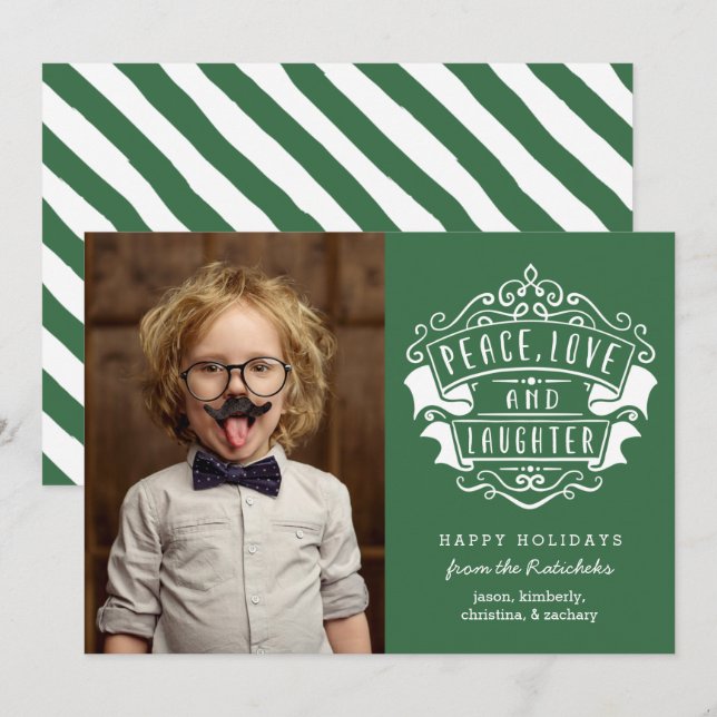 Cartão De Festividades Paz moderna, amor e fotografia do riso | Verde (Frente/Verso)