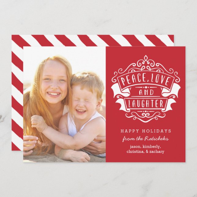 Cartão De Festividades Paz moderna, amor e fotografia do riso | Vermelho (Frente/Verso)