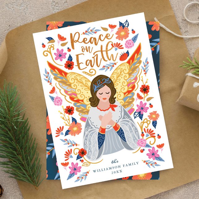 Cartão De Festividades Paz na Terra Angel Foloral Art White (Peace on Earth Angel Floral Folk Art White Holiday Card)