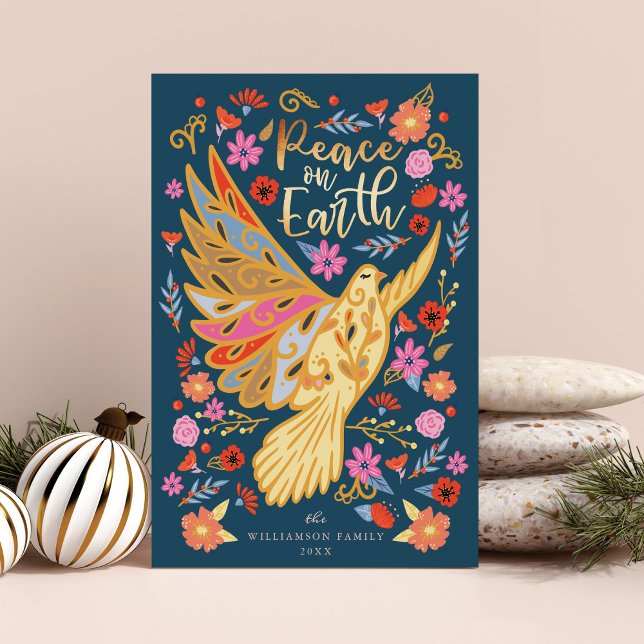 Cartão De Festividades Paz na Terra Arte Folar Floral (Peace on Earth Dove Floral Folk Art Deep Blue Holiday Card)