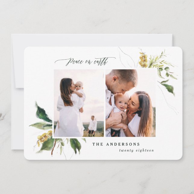 Cartão De Festividades Paz na terra, botânica floral elegante, duas fotos (Frente)