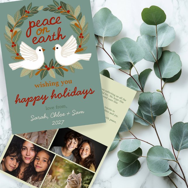 Cartão De Festividades Paz na Terra Dói Natal PERSONALIDADE 4 FOTO (Peace on Earth Hand-Drawn Cute Doves Christmas Letter CUSTOM 4 PHOTO Collage Holiday Card
)