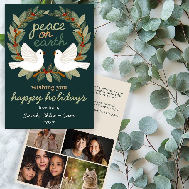 Cartão De Festividades Paz na Terra Dói Natal PERSONALIDADE 4 FOTO (Peace on Earth Doves Hand-drawn Christmas CUSTOM 4 PHOTO Family Collage Holiday Card
)