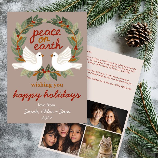 Cartão De Festividades Paz na Terra Dói Natal PERSONALIDADE 4 FOTO (Peace on Earth Doves Christmas CUSTOM 4 PHOTO Holiday Card
)