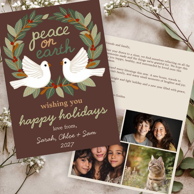 Cartão De Festividades Paz na Terra Dói Natal PERSONALIDADE 4 FOTO (Peace on Earth Doves Christmas CUSTOM 4 PHOTO Holiday Card
)