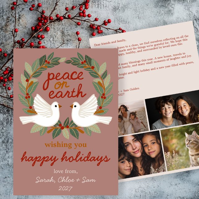 Cartão De Festividades Paz na Terra Dói Natal PERSONALIDADE 4 FOTO (Peace on Earth Doves Christmas CUSTOM 4 PHOTO Holiday Card
)