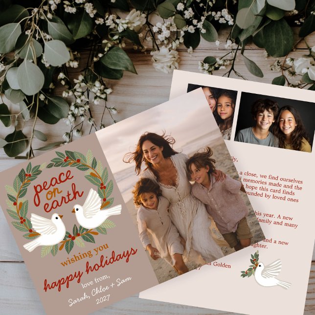 Cartão De Festividades Paz na Terra Dói Natal PERSONALIZADO 3 FOTO (Peace on Earth Doves Christmas CUSTOM 3 PHOTO Holiday Card
)