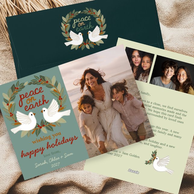 Cartão De Festividades Paz na Terra Dói Natal PERSONALIZADO 3 FOTO (Peace on Earth Doves Christmas CUSTOM 3 PHOTO Holiday Card
)