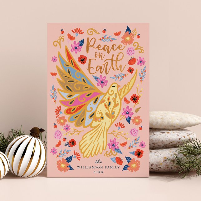 Cartão De Festividades Paz na Terra Dove Arte Folar Floral Rosa (Peace on Earth Dove Floral Folk Art Blush Pink Holiday Card)