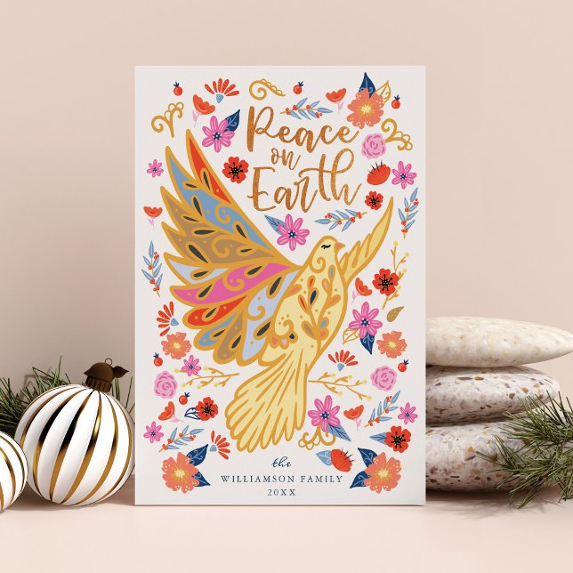 Cartão De Festividades Paz na Terra Dove Floral Foley Art (Peace on Earth Dove Floral Folk Art White Holiday Card)