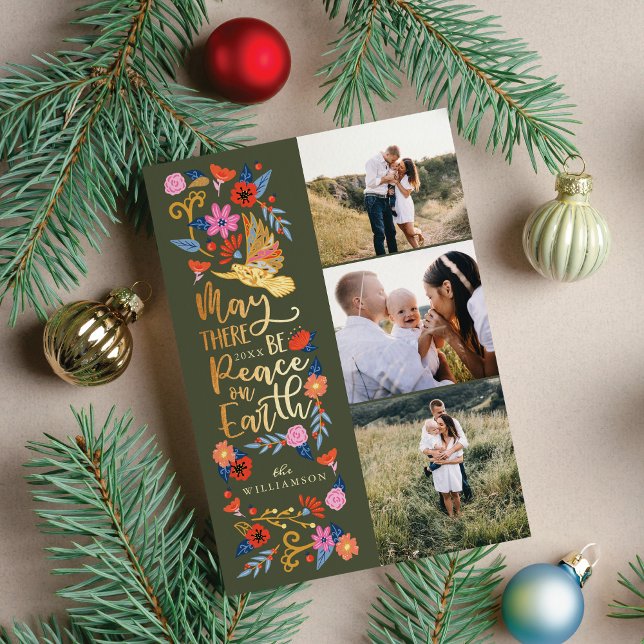 Cartão De Festividades Paz na Terra Dove Floral Folk Art Foto Verde (Peace on Earth Dove Floral Folk Art Green Photo Holiday Card)