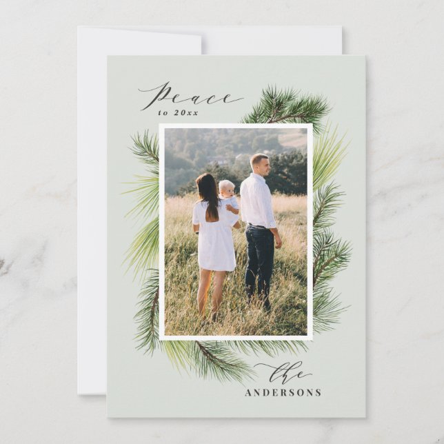 Cartão De Festividades Paz para o Natal da folhagem dos pinheiros moderno (Frente)