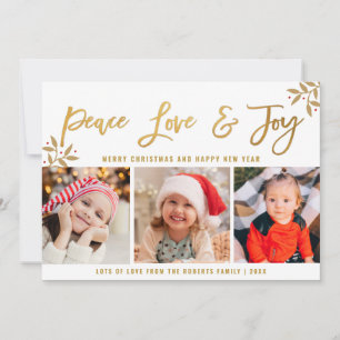 Cartão De Festividades PEACE AMVE JOY   natal dourado