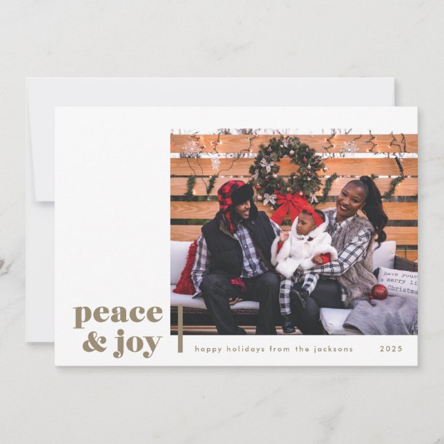 Cartão De Festividades Peace and Joy Corner Taupe Photo Holiday Card (Frente)