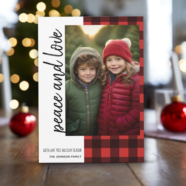 Cartão De Festividades Peace and Love 1 Photo Red Black Buffalo Xadrez (buffalo plaid in red and black with 1 photo)