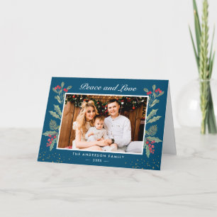 Cartão De Festividades Peace and Love Winter Blue Christmas Berries Photo