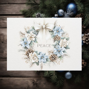 Cartão De Festividades PEACE Blue Floral Pinecones Winter Wreath