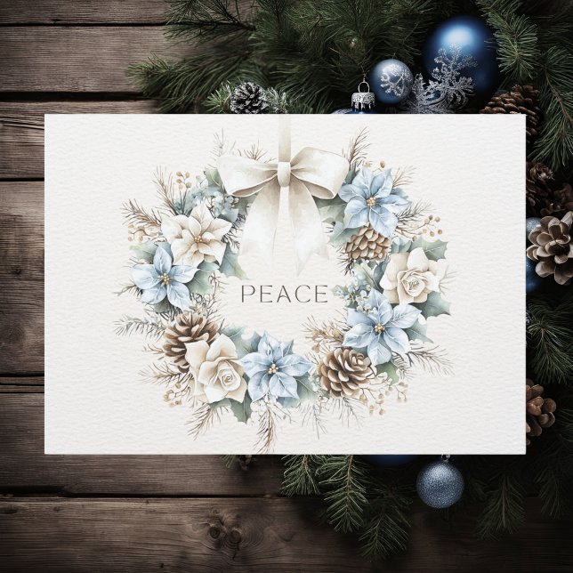 Cartão De Festividades PEACE Blue Floral Pinecones Winter Wreath (Criador carregado)