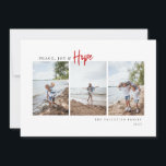 Cartão De Festividades Peace Joy Hope Modern Script Minimalista Foto<br><div class="desc">Paz,  Joy & Hope,  design de tipografia moderna minimalista,  3 fotos verticais centradas,  carta plana. Recursos,  moderno roteiro vermelho "Esperança" e coordenação de suporte a cores sólidas. Linhas de texto modelo para seu nome e ano.</div>