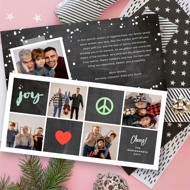 Cartão De Festividades Peace Joy Love Chalkboard Squares Simple 4 Foto (Criador carregado)