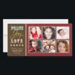 Cartão De Festividades Peace-Joy-Love Family Holiday Photocard (crimson)<br><div class="desc">If you'd like to see this design in a different size,  color,  or product,  just email me at holidayemporium@gmail.com. I'd be happy to assist you. 

  Take a peek at more Holidays items... </div>