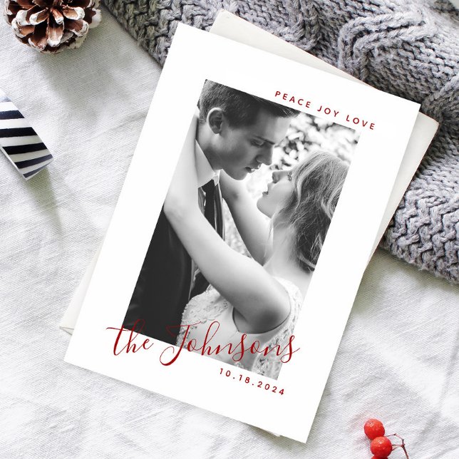 Cartão De Festividades Peace Joy Love Photo Name Classic Red & White (Sharing our happiest moment with the world—newly married and filled with joy this holiday season!)