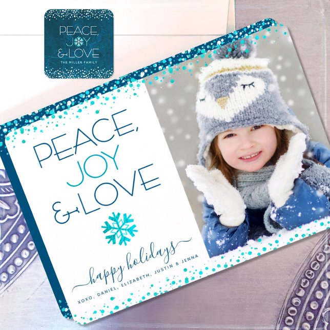 Cartão De Festividades Peace Joy Love Script Chic Modern Snowflake Photo (Criador carregado)