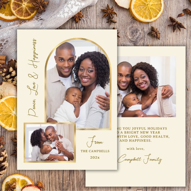 Cartão De Festividades Peace Love Hapiness Script Gold Arch 3 Photo  (Criador carregado)