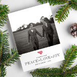 Cartão De Festividades Peace Love Joy Christmas Holiday Couples Photo<br><div class="desc">Celebrate the holidays with this simple and heartfelt card featuring your photo,  the words Peace,  Love,  Joy (can be changed) a small red botanical fern and your name/year.  Perfect for Christmas,  New Year's or simple Season's Greetings.</div>