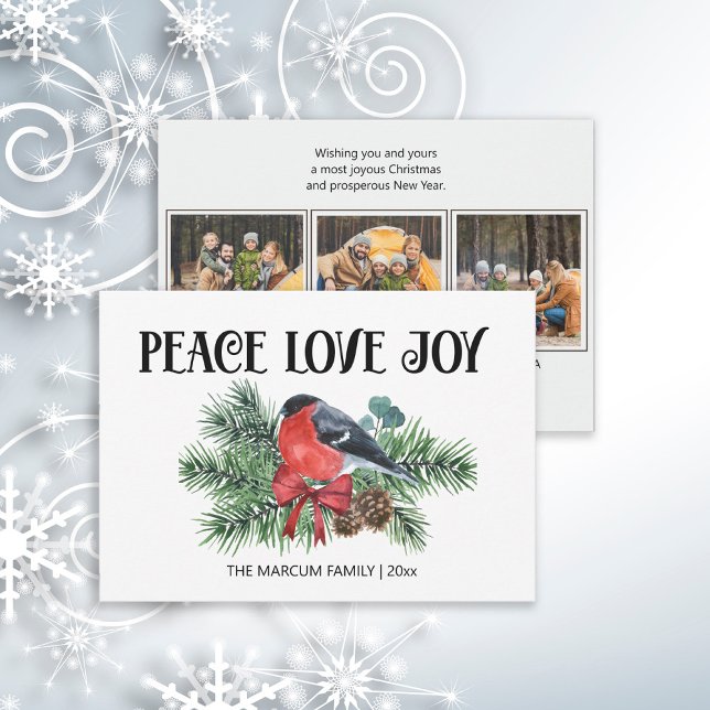 Cartão De Festividades Peace Love Joy Natal Holiday Robin Pine Branch (Peace, Love, Joy 3 photo Christmas greeting card)