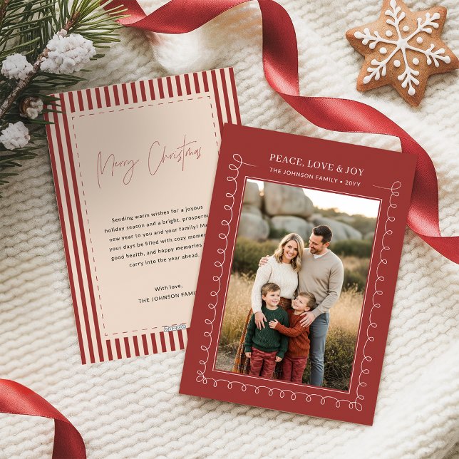 Cartão De Festividades Peace Love & Joy Red Family Photo Christmas (Criador carregado)