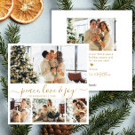 Cartão De Festividades Peace Love Joy Script 4 Photo Collage Natal<br><div class="desc">Cartão de Natal de Colagem de Fotos do Moderno Peace, Love & Joy Script 4 em Dourado e Branco. Esta placa de Natal minimalista apresenta uma colagem de 4 fotos na frente e uma foto extra na parte de trás. A saudação "Paz, Amor e Alegria" é elegantemente escrita à mão...</div>