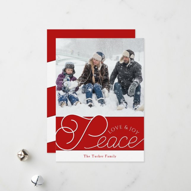 Cartão De Festividades Peace Love Joy Script Red & White Photo Christmas (Frente/Verso In Situ)
