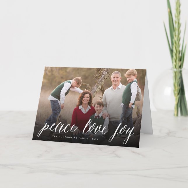 Cartão De Festividades Peace Love Joy Simple White Script Modern Photo (Frente)