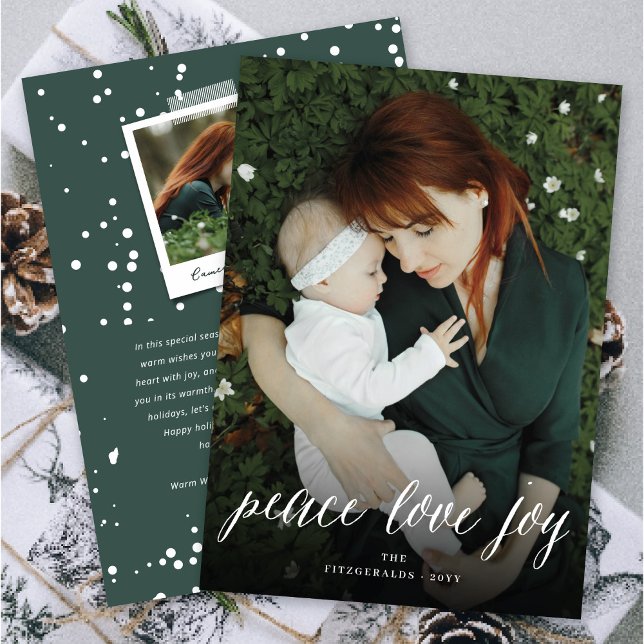 Cartão De Festividades Peace Love Joy Simple White Script Modern Photo (Criador carregado)