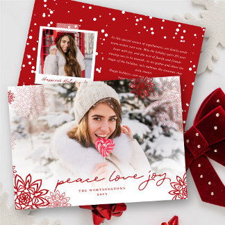 Cartão De Festividades Peace Love Joy Snowflakes Foto de Natal Elegante