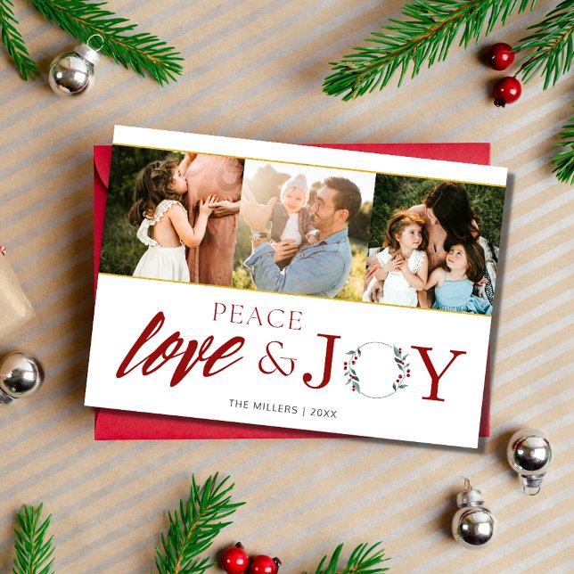 Cartão De Festividades Peace Love Joy Three Photo Family Christmas (Peace Love Joy Three Photo Family Christmas Holiday Card)