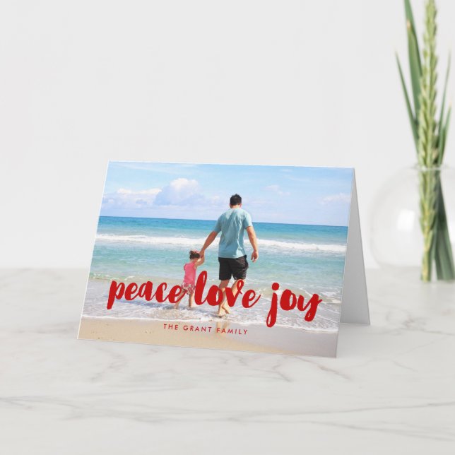 Cartão De Festividades Peace Love Joy trendy red font photo (Frente)