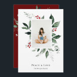 Cartão De Festividades Peace Love Winter Berry Foto Botânica<br><div class="desc">A Elegante coloração de água botânica de amora de inverno,  3 cartão de festas. Cartões,  elegantes quadros de aquarelas de inverno vermelho e verde botânico com fundo de cor azul macio e fosco. Foto vertical do solteiro na frente e duas fotos horizontais na parte traseira.</div>