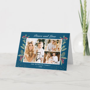 Cartão De Festividades Peace Love Winter Blue Christmas Berries 3 Photo