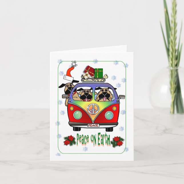 Cartão De Festividades Peace on Earth Pug Christmas Card (Frente)